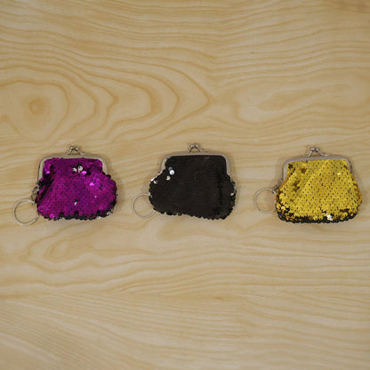 Sequined coin purse keychain showing the keyring attachment