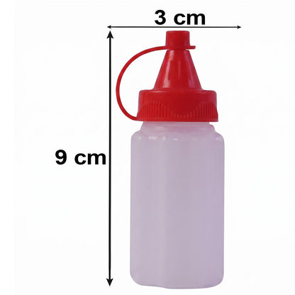 A small, empty, white ribbed plastic squeeze bottle with a red cap shows dimensions of 9 cm height and 3 cm width.