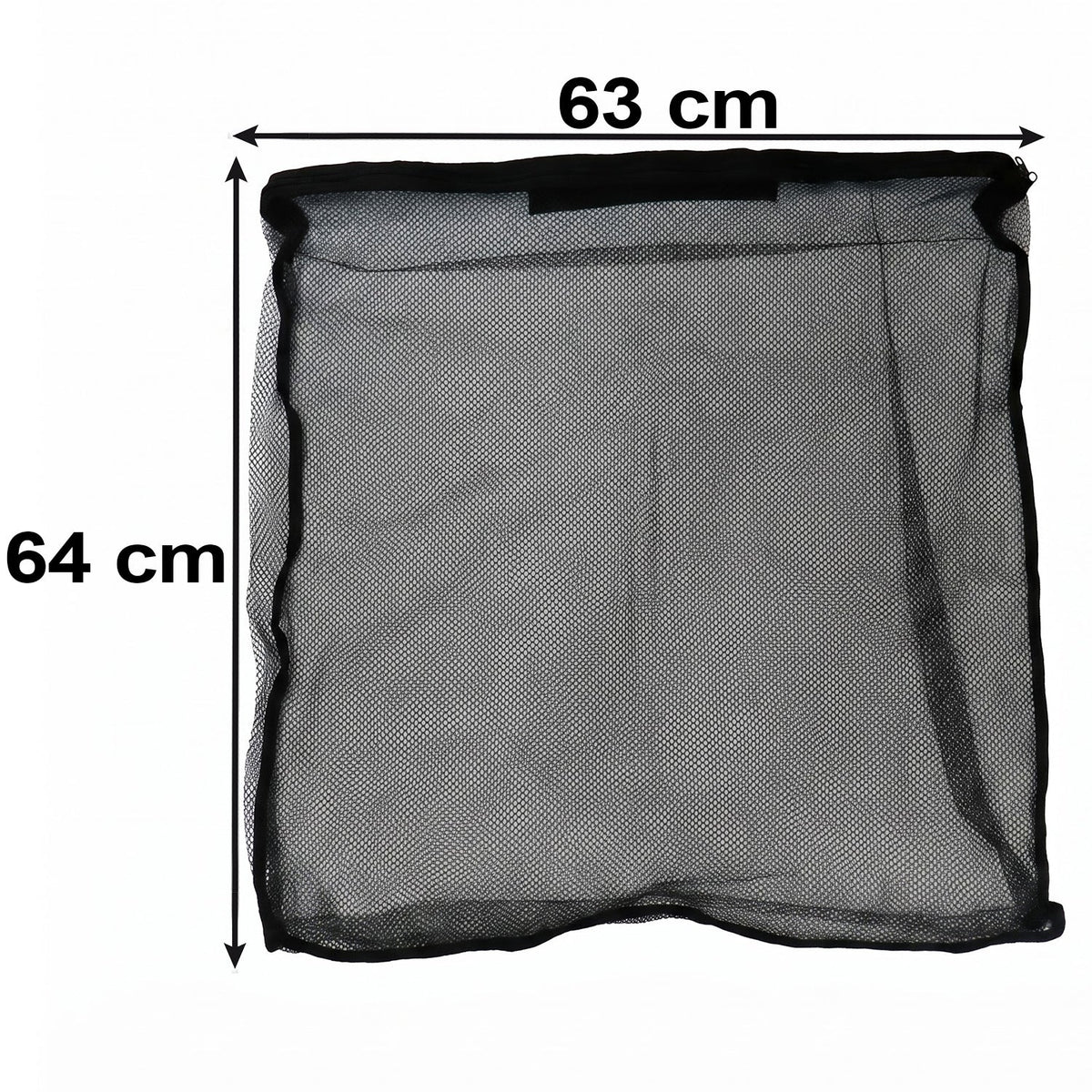 A flat black mesh zipper storage bag with dimensions of 63 cm width and 64 cm height shown against a white background.