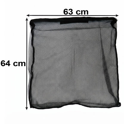 A flat black mesh zipper storage bag with dimensions of 63 cm width and 64 cm height shown against a white background.