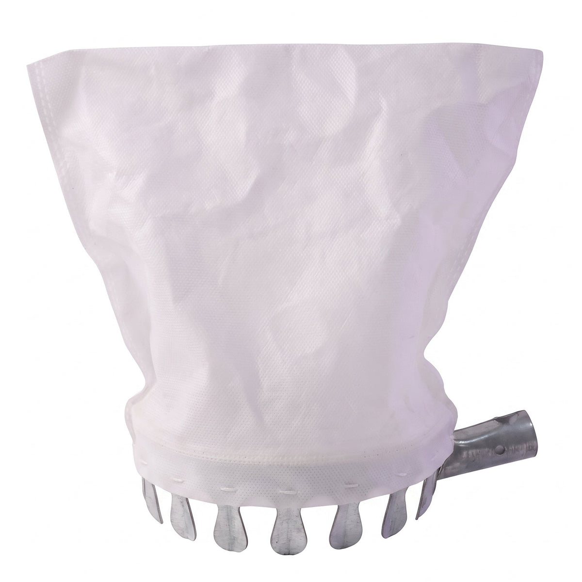 The white collection bag and metal prongs of the fruit picker are shown against a plain white background.