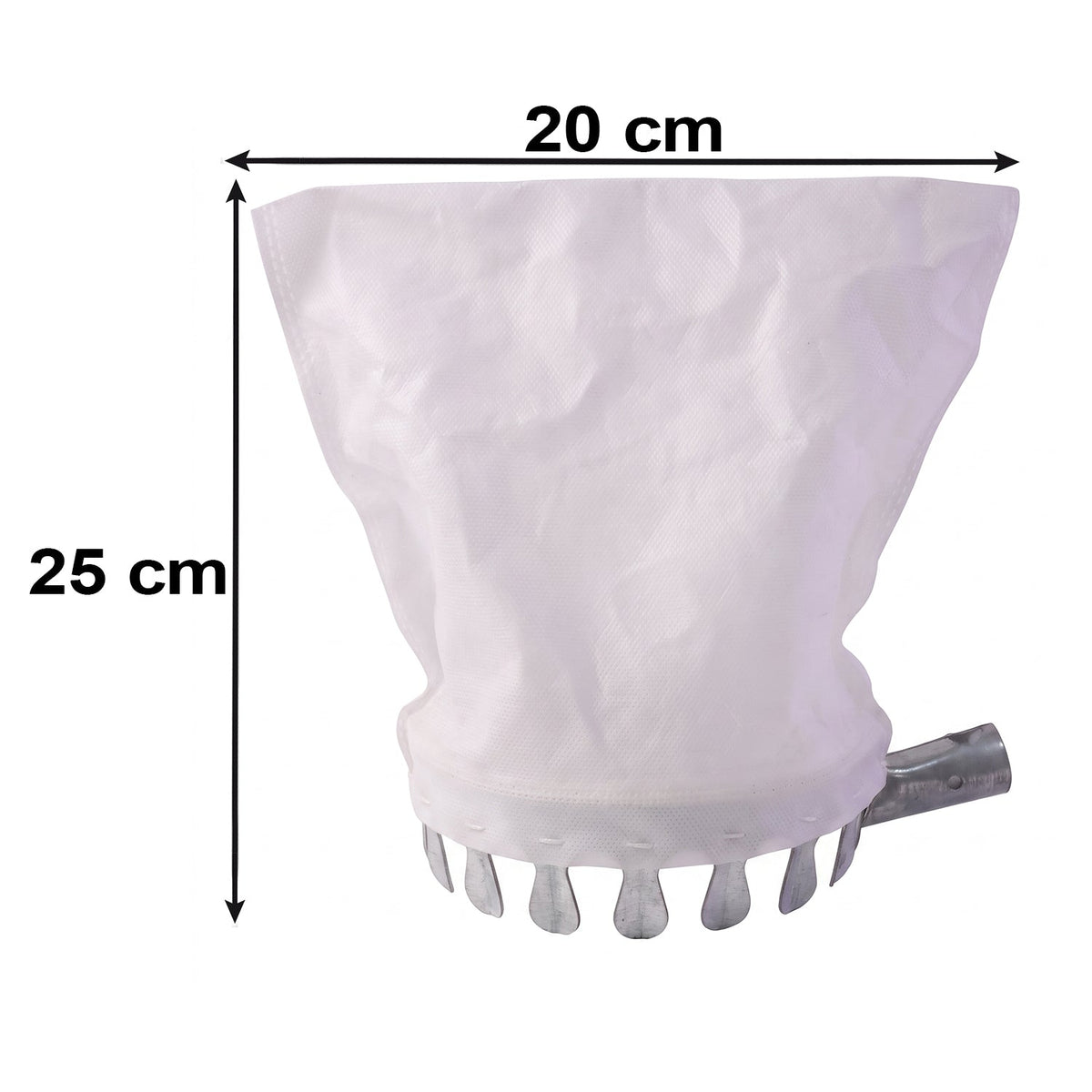 The white collection bag and metal prongs of the fruit picker are shown with dimensions of 20 cm width and 25 cm height.