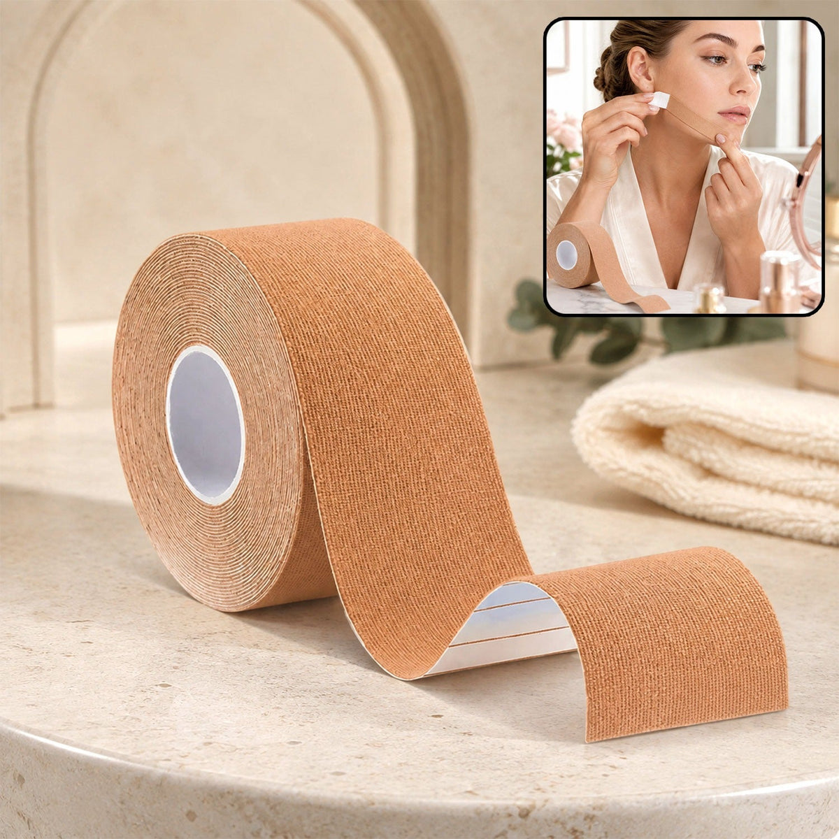 A roll of tan face lifting tape sits on a marble counter, with an inset showing a woman applying small pieces to her face.