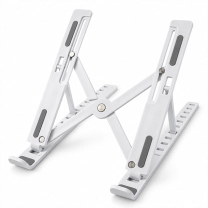 White laptop stand with dark gray pads, angled to show its adjustable design and sturdy construction.