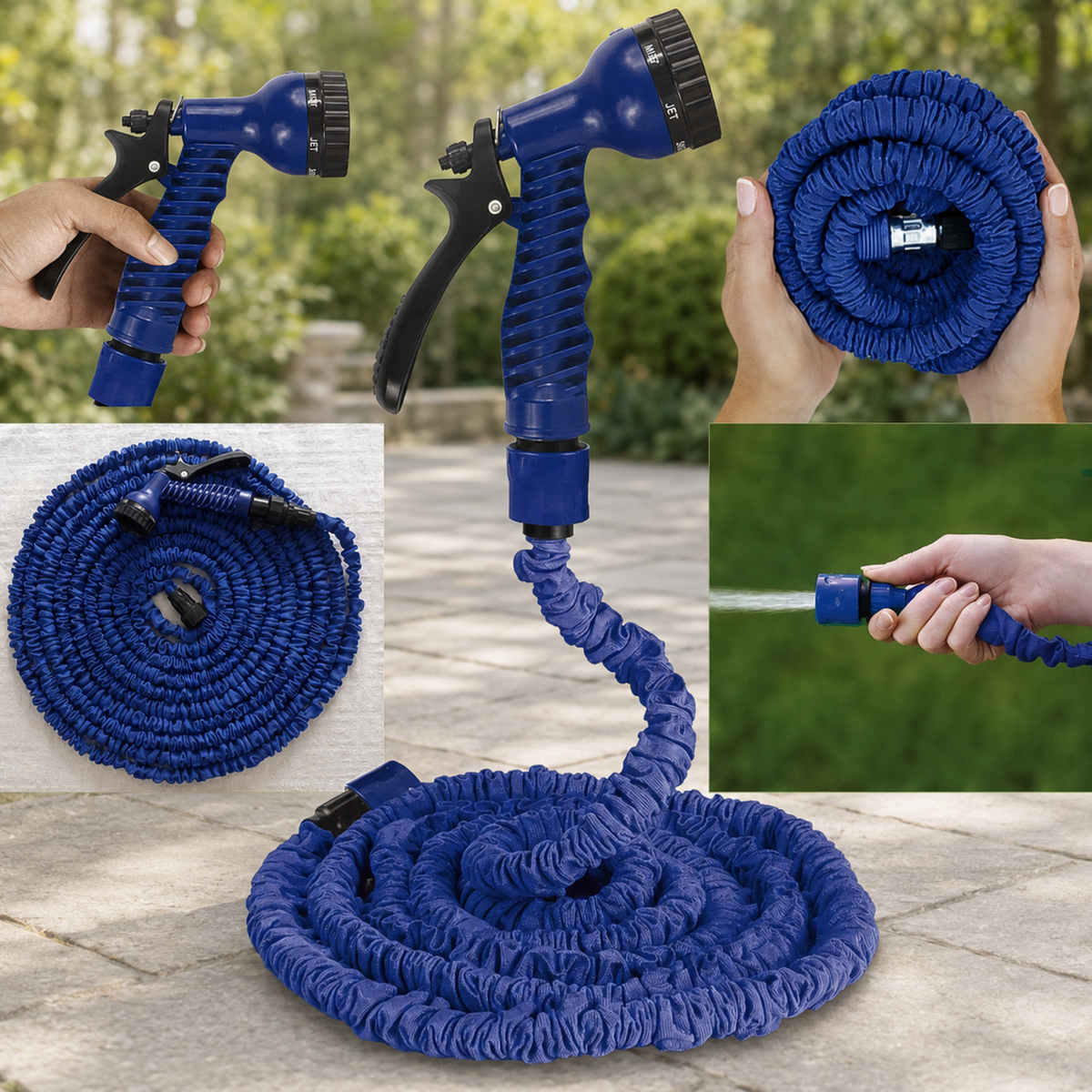 A blue expandable garden hose with a spray gun, shown in various uses and coiled on a patio.