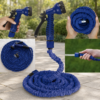 A blue expandable garden hose with a spray gun, shown in various uses and coiled on a patio.