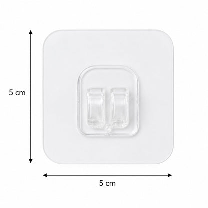 A single clear square adhesive hook with twin prongs, showing its dimensions of 5 cm by 5 cm on a white background.