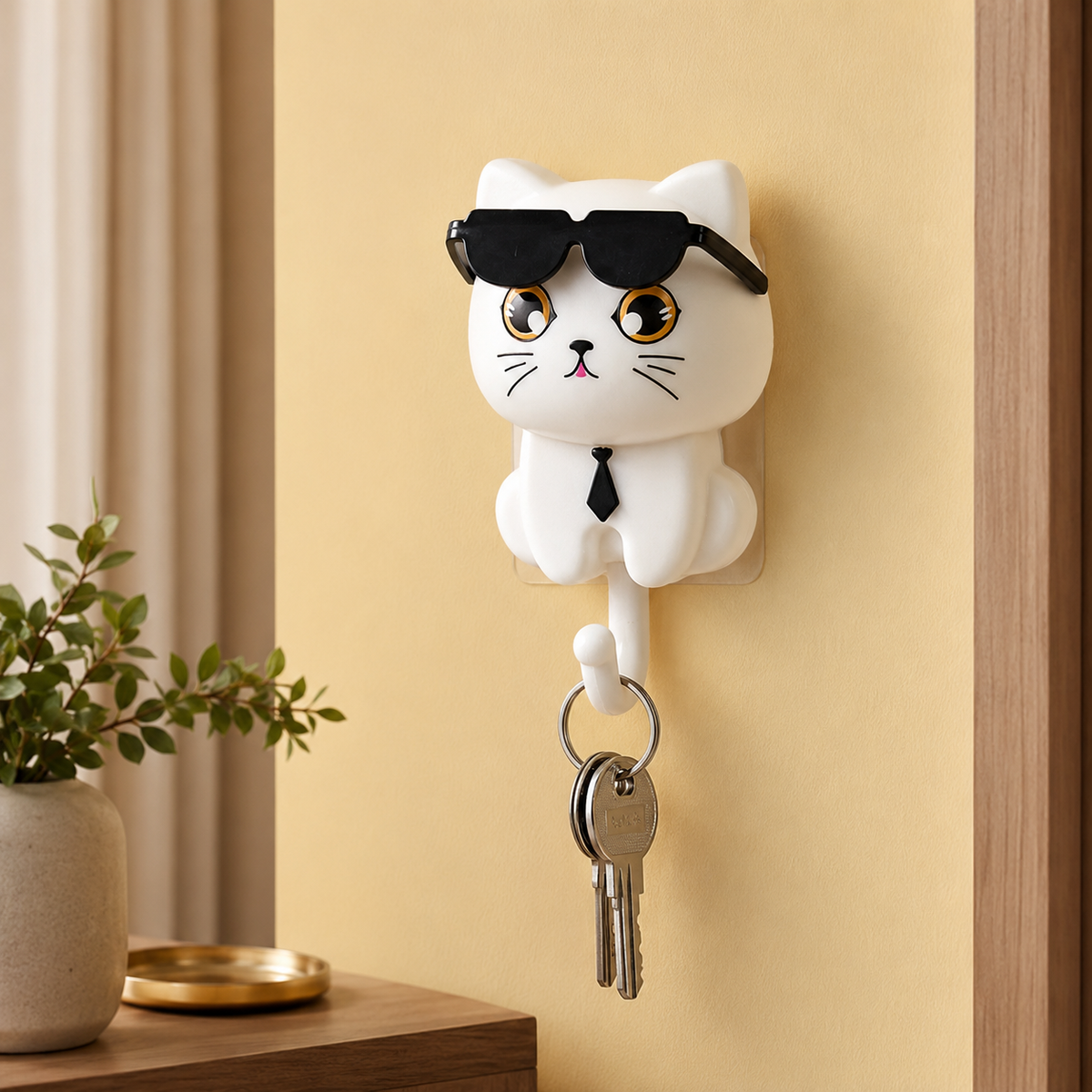 White cat-shaped wall hook with sunglasses and a tie, holding keys, on a yellow wall next to a plant.