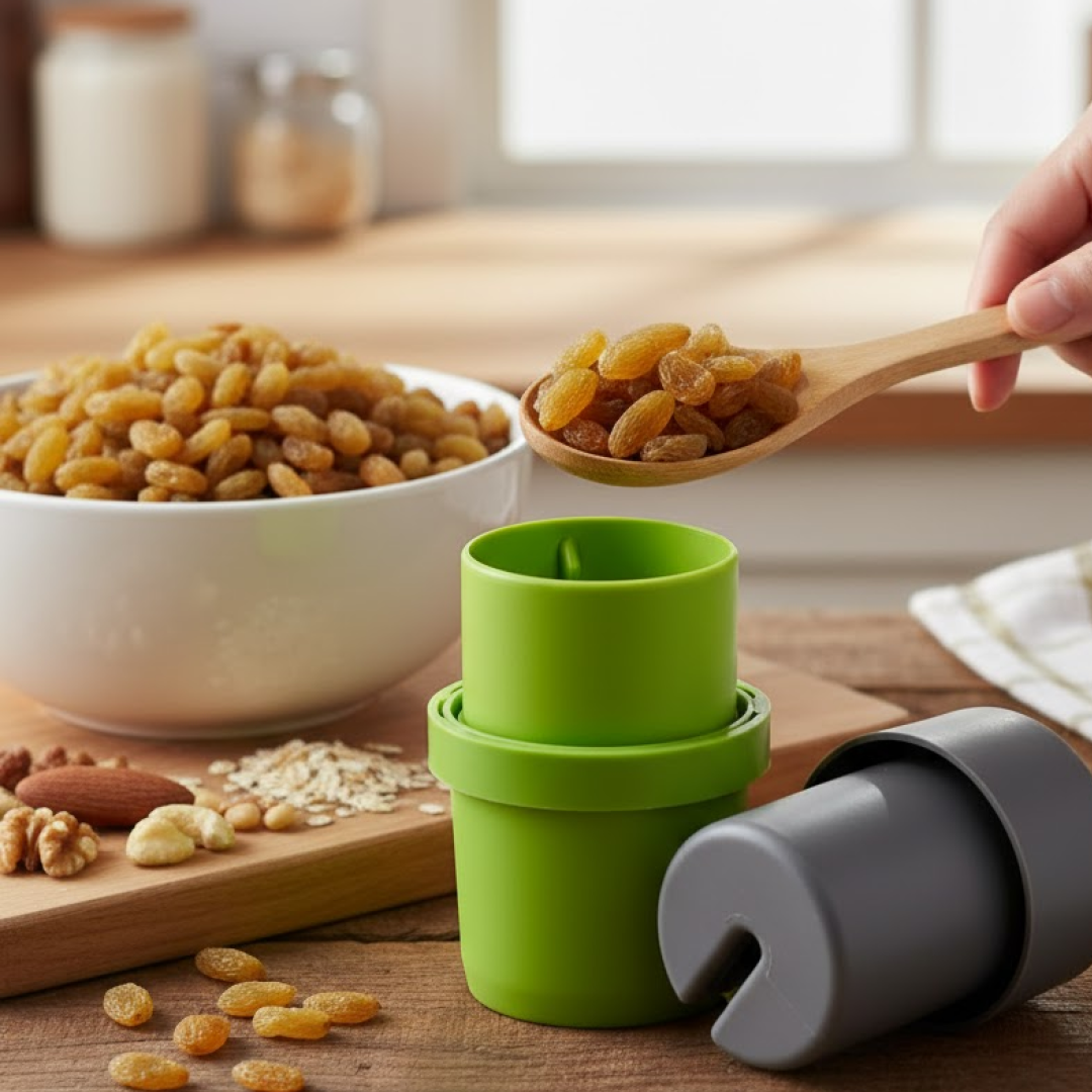 A hand uses a wooden spoon to add raisins to a green dry fruit slicer, with a bowl of raisins nearby.