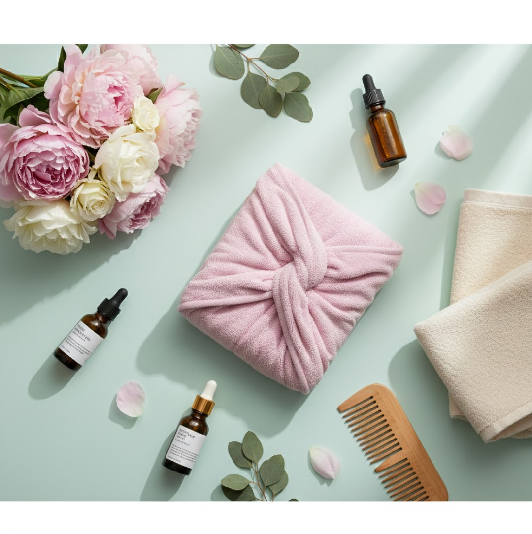 A pink microfiber hair towel wrap, folded into a square, is surrounded by flowers, essential oil bottles, and a wooden comb