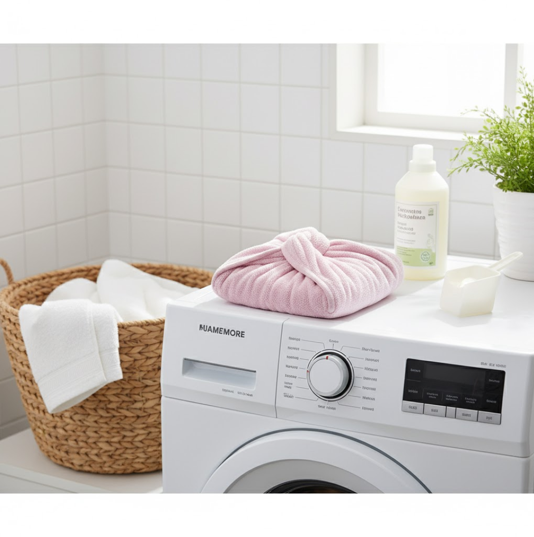 A pink microfiber hair towel wrap, folded into a square, sits on top of a washing machine next to a laundry basket and