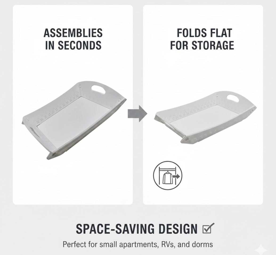 Two images show the white tray assembling and folding flat for storage, highlighting its space-saving design.