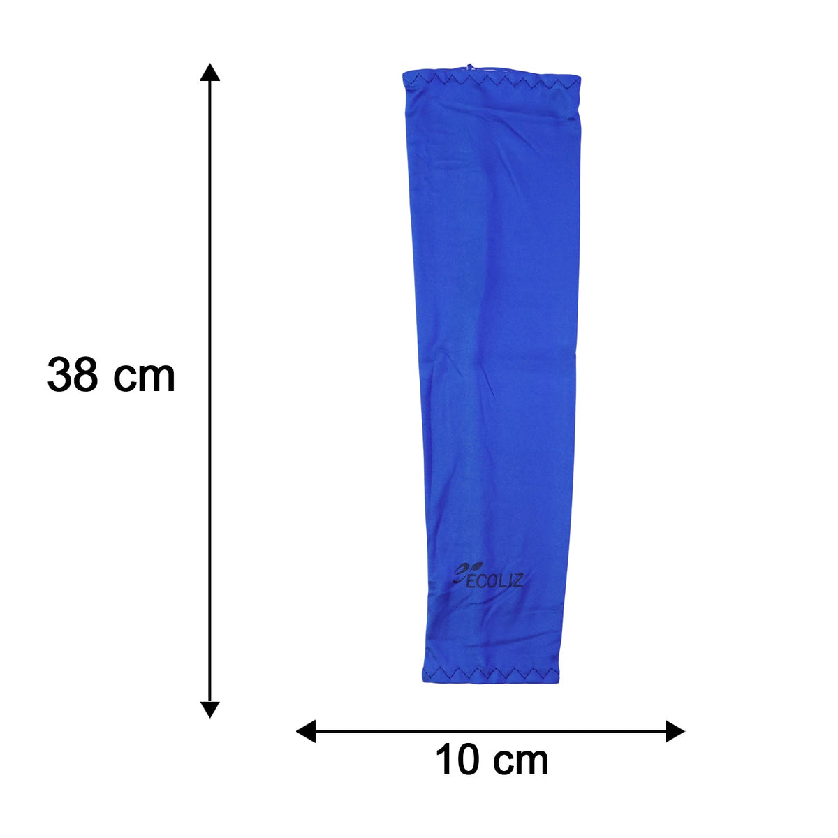 A single blue arm sleeve with the Ecoliz logo, showing dimensions of 38 cm length and 10 cm width.