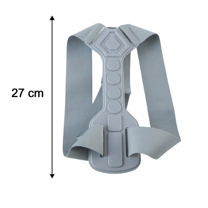 A grey posture corrector belt with a central spine support, showing a measurement of 27 cm in height.