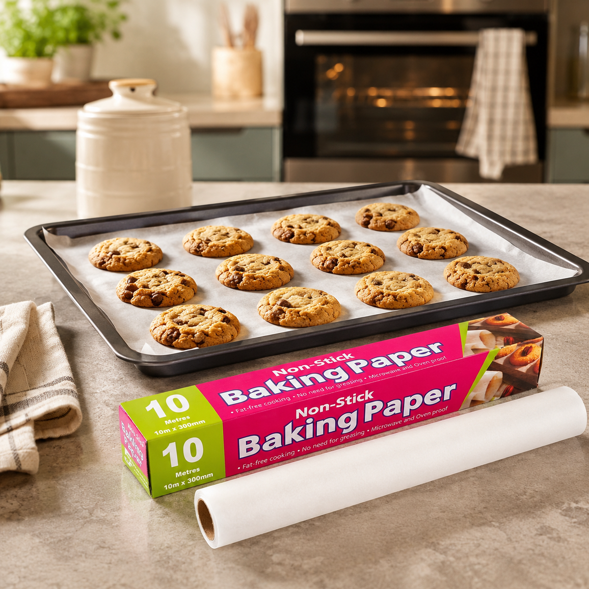 A roll of baking paper and its pink and green box next to a baking sheet with chocolate chip cookies.