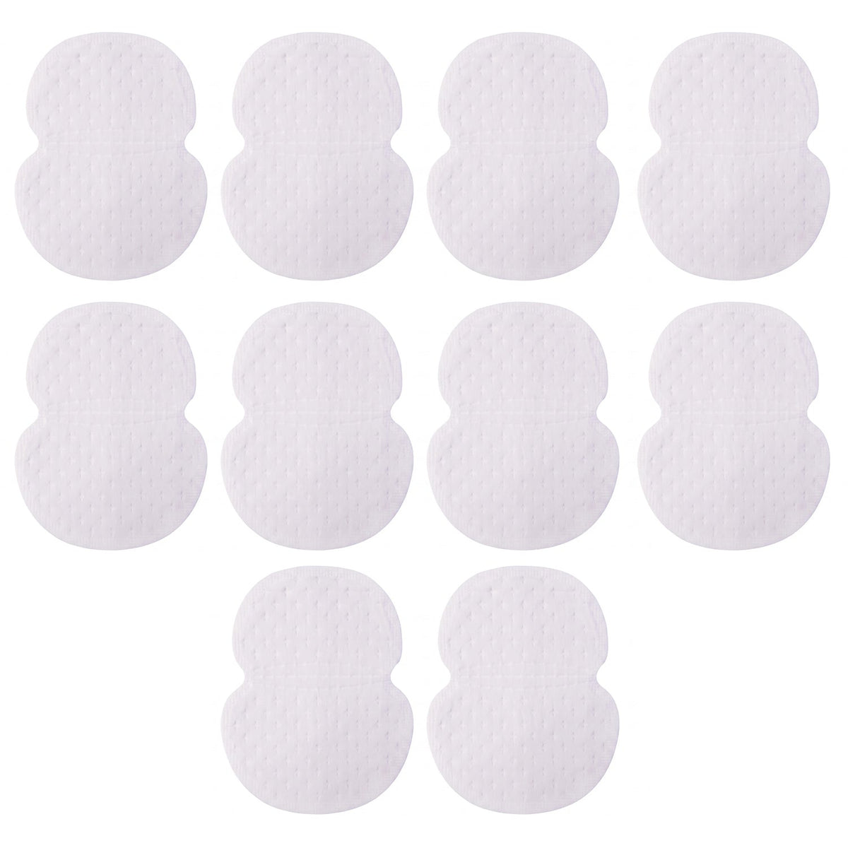 Ten white, hourglass-shaped, textured sweat pads are neatly arranged in rows on a white background.