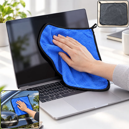 A hand uses a blue microfiber cloth to clean a laptop screen, with insets showing the cloth cleaning a car window and a gray