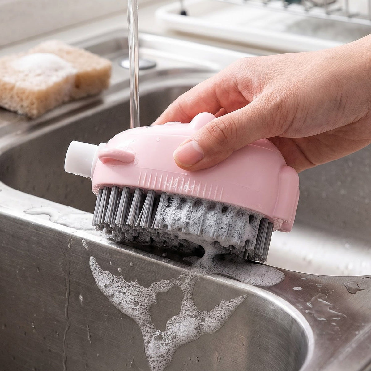 A hand holds a pink bear-shaped soap dispensing brush, scrubbing a stainless steel sink under running water.