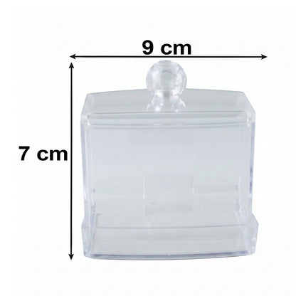 Empty clear acrylic cotton swab dispenser with dimensions of 9 cm width and 7 cm height.