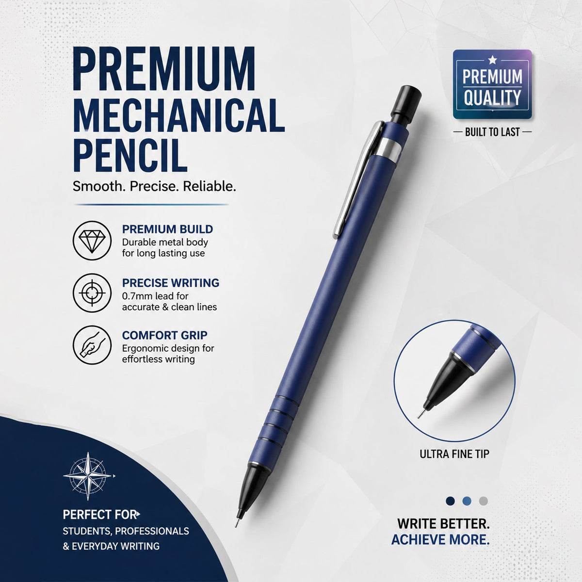 A blue mechanical pencil with text highlighting its premium quality, precise writing, and comfort grip features.