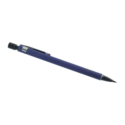 A blue mechanical pencil with a black tip and clip, angled slightly, on a white background.