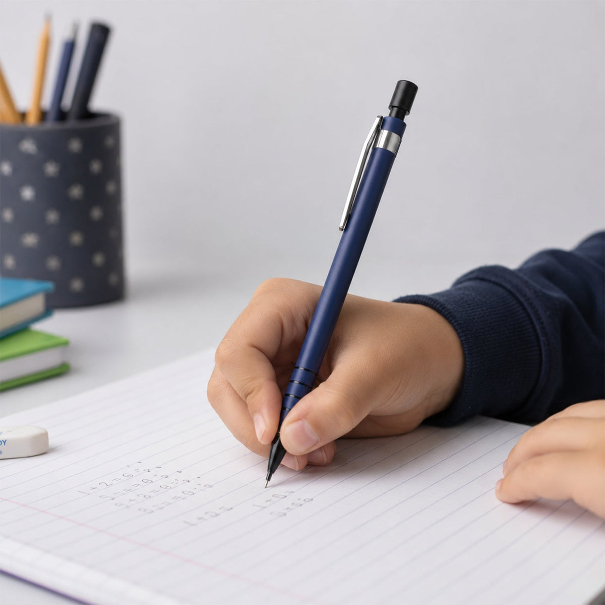 A child's hand writes with a blue mechanical pencil on lined paper, with an eraser visible in the foreground.