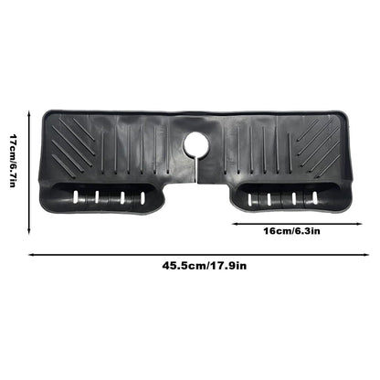 A black silicone faucet splash guard with drainage grooves and two side compartments, displayed with white text showing its