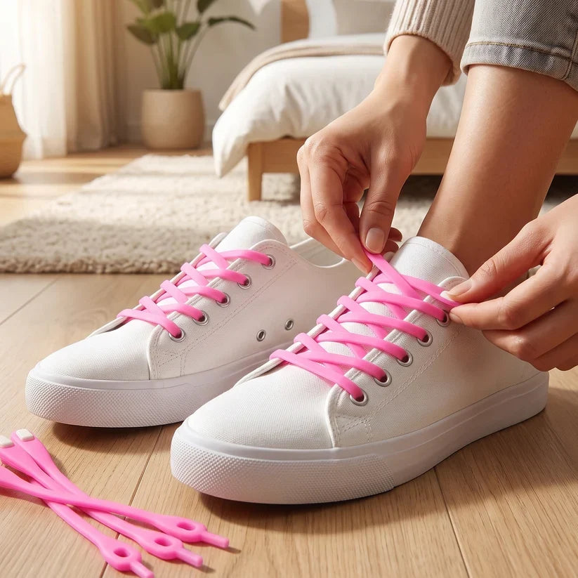A person's hands lacing up white canvas shoes with bright pink silicone shoelaces, with extra laces on the floor.