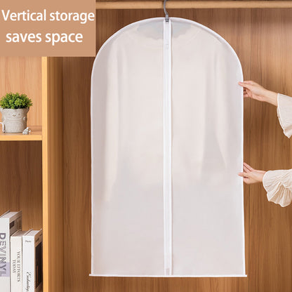 A pair of hands holds the bottom of a translucent garment bag with a white zipper, with text 'Vertical storage saves space'.
