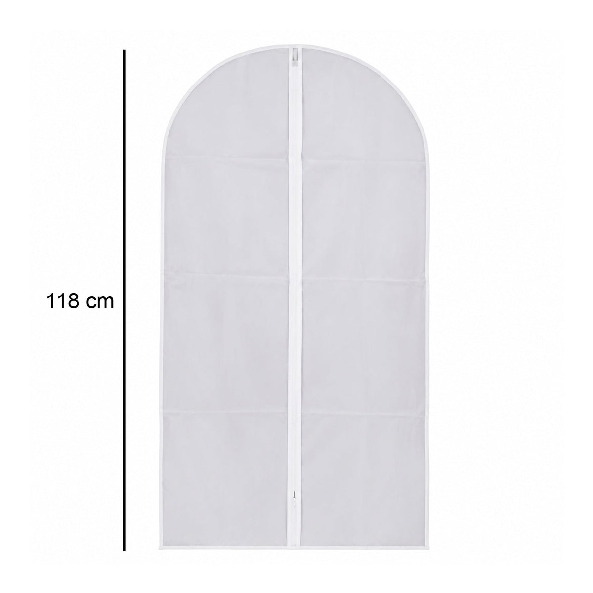 A translucent garment bag with a white zipper on a white background, with a black line indicating 118 cm length.