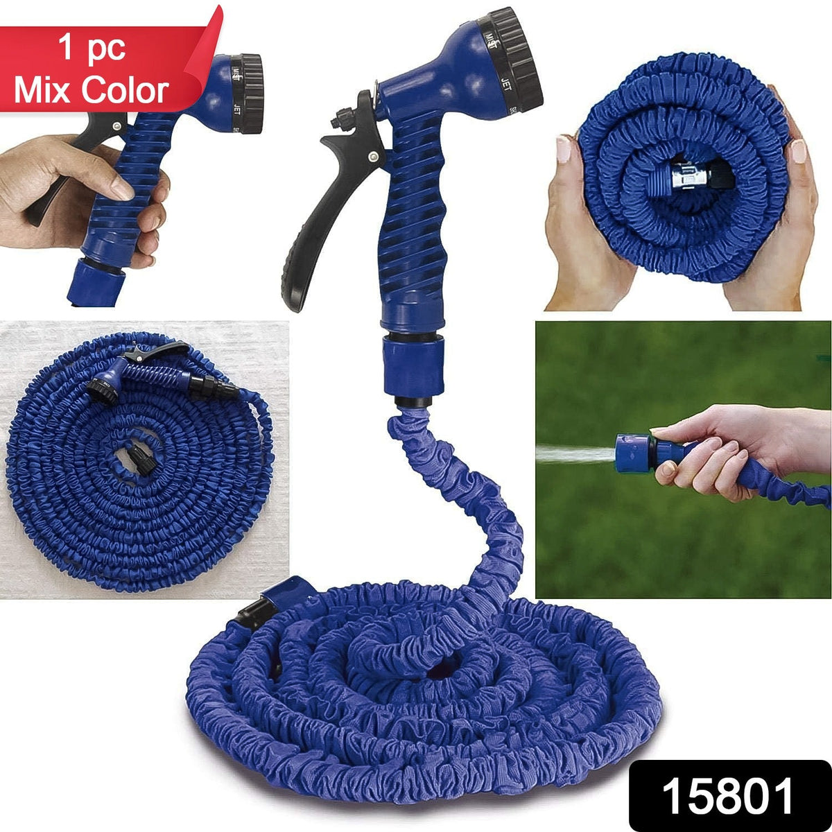 A blue expandable garden hose with a spray gun, with a red label indicating "1 pc Mix Color" and a product number.