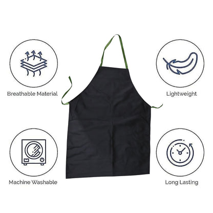 A black apron with green ties on a white background, surrounded by four circular icons highlighting features.