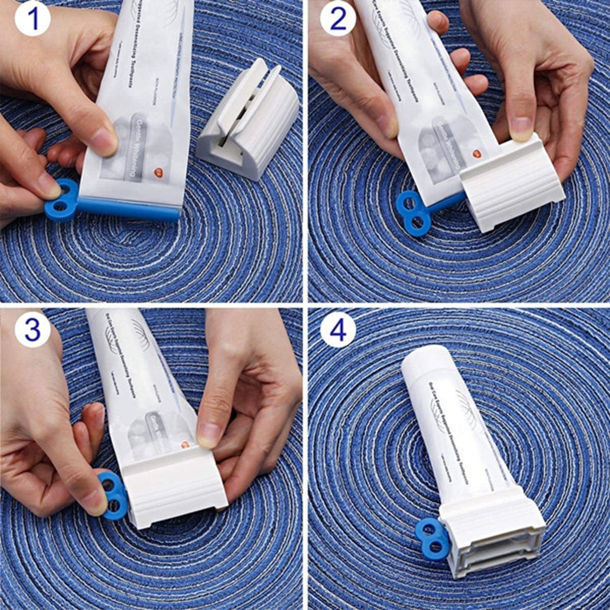 A four-panel image demonstrating how to insert a toothpaste tube into a white squeezer with a blue winding key.