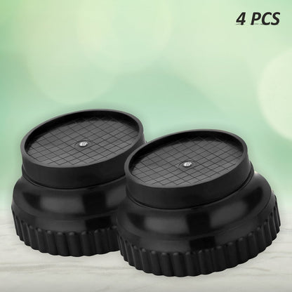 Two black plastic appliance stands with textured tops and ribbed sides on a light surface with a green blurred background.