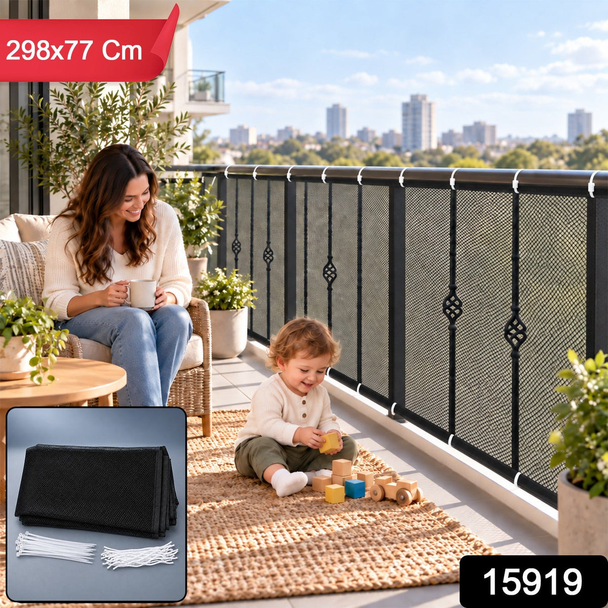 A woman and child on a balcony with a black mesh safety net installed on the railing, with product dimensions and number.