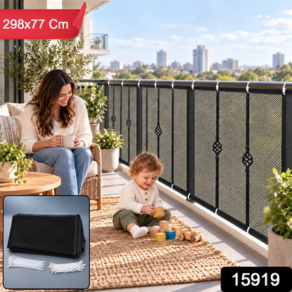 A woman and child on a balcony with a black mesh safety net installed on the railing, with product dimensions and number.