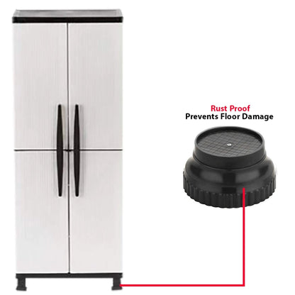 A white cabinet with black handles stands on two black support legs, with a red line connecting to a magnified leg.