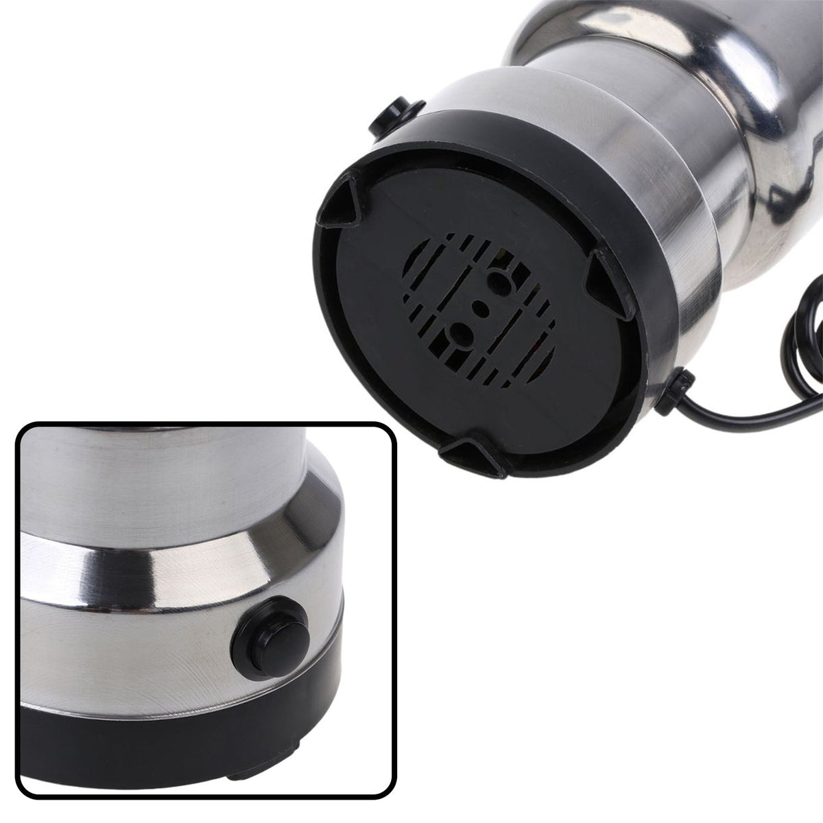 Close-up views show the black power button on the grinder's side and the vented black base with a power cord.