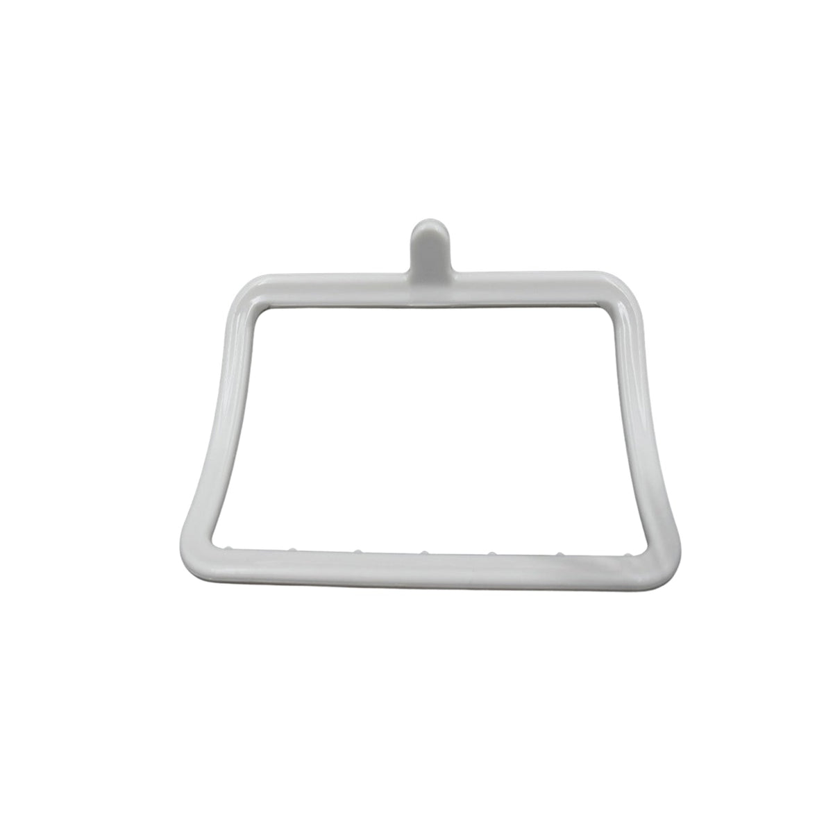 Front view of the white plastic towel holder with a textured bottom edge on a white background.
