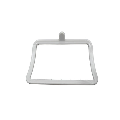 Front view of the white plastic towel holder with a textured bottom edge on a white background.