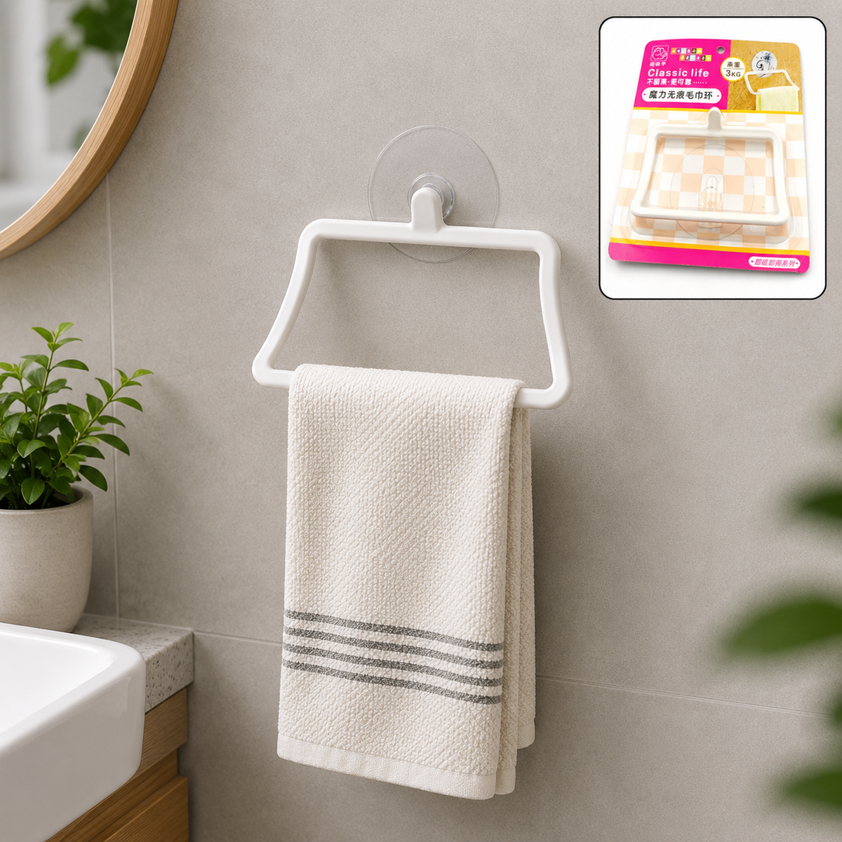 White plastic towel holder with a beige striped towel hanging, mounted on a light gray tiled wall in a bathroom.