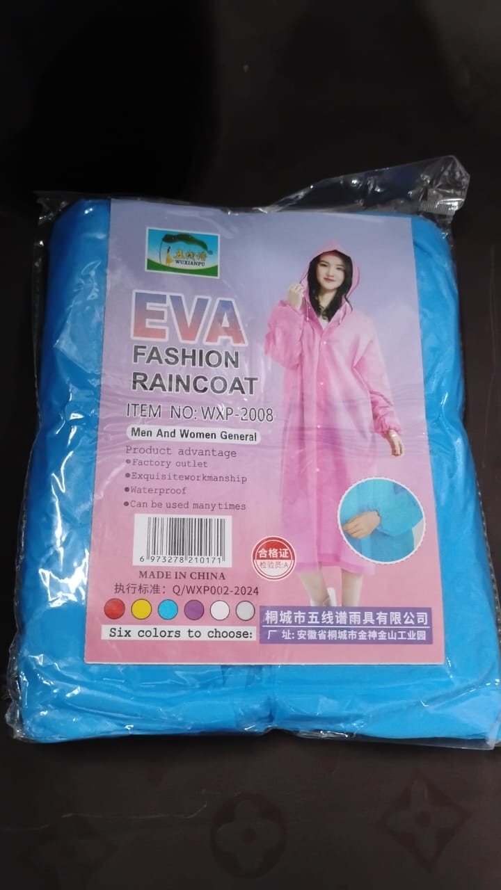 A packaged blue EVA raincoat with a label showing a woman in a pink raincoat and product details.