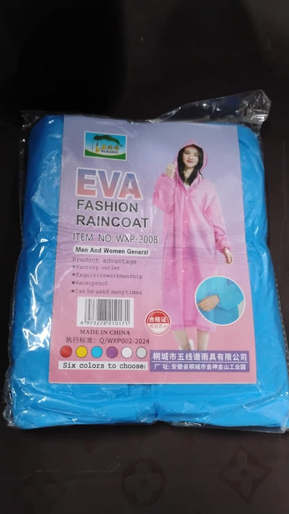 A packaged blue EVA raincoat with a label showing a woman in a pink raincoat and product details.