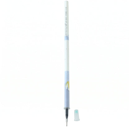 A white and blue pen refill with a light blue cap next to it, against a plain white background.