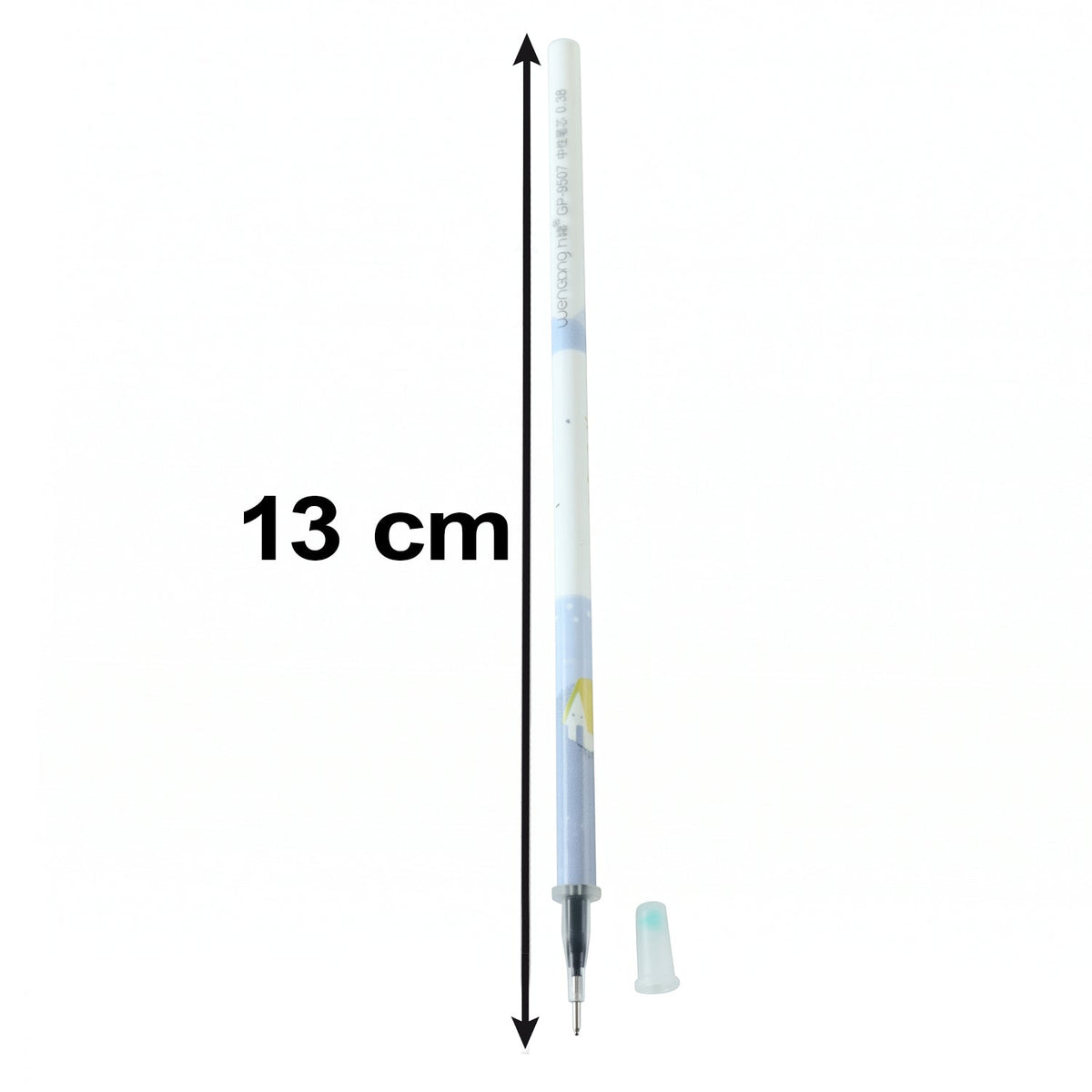 A white and blue pen refill with a light blue cap, shown with a 13 cm measurement graphic on a white background.