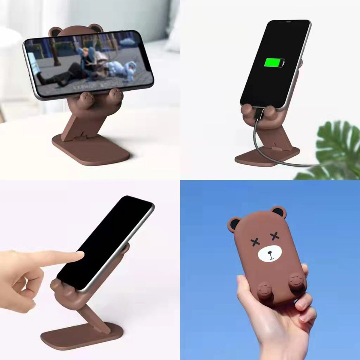 A four-panel image shows the brown bear phone stand holding a phone horizontally, charging, being touched, and held in a
