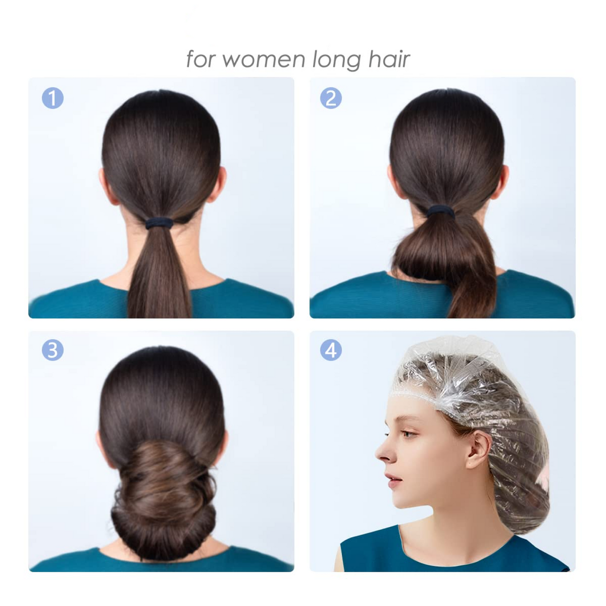 Four images demonstrating how to use a shower cap for long hair, from ponytail to bun.