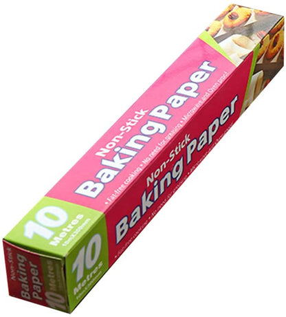 A pink and green box of non-stick baking paper with text and images of baked goods.