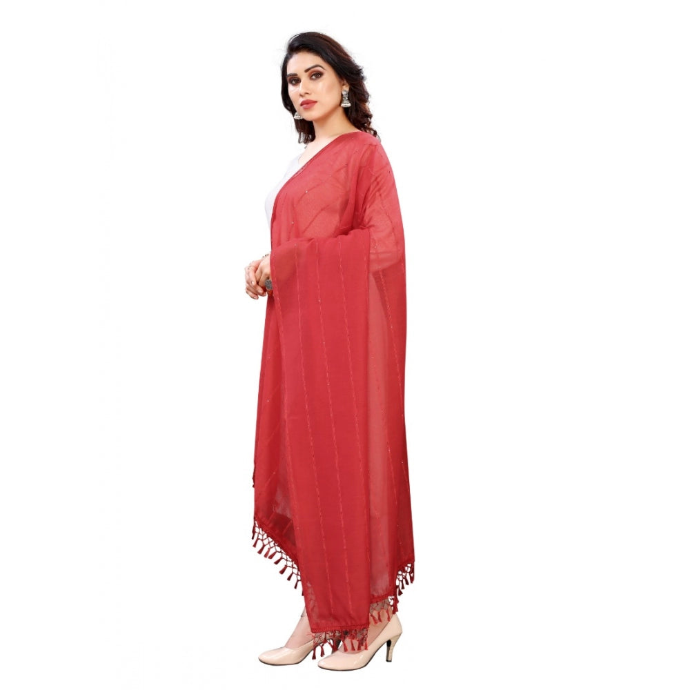 Generic Women's Cotton Silk Strips Printed Dupatta (Maroon, Length:2-2.4 mtr)