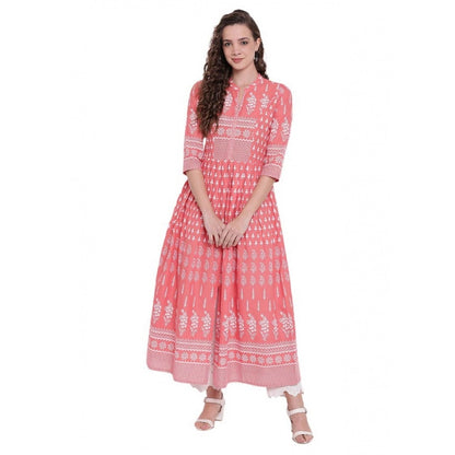 Generic Women's Cotton Printed Regular Kurti (Peach, Cotton)
